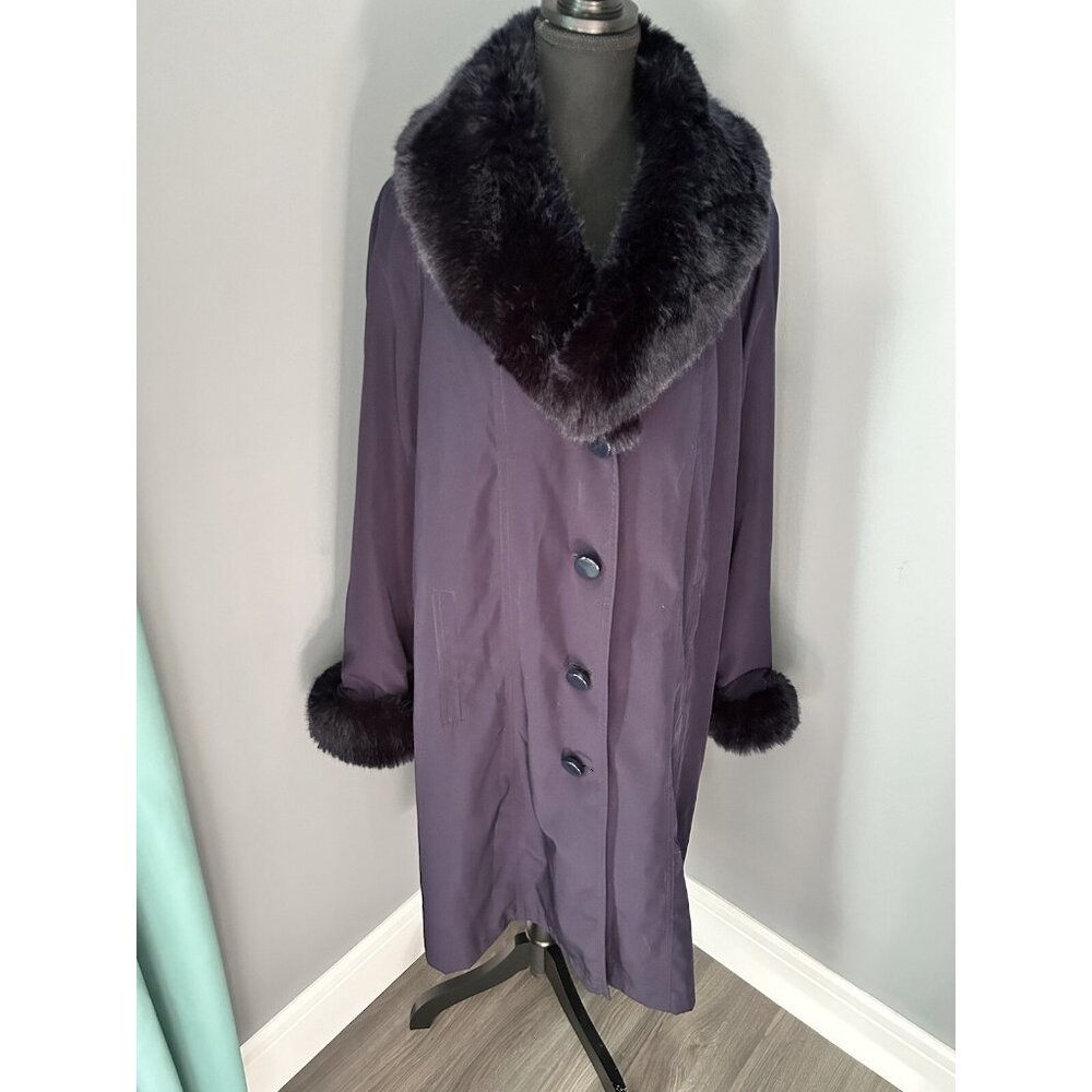 Jacques Vert Purple Plum Long Overcoat Button Up Faux Fur Trim Women’s - Picture 2 of 11